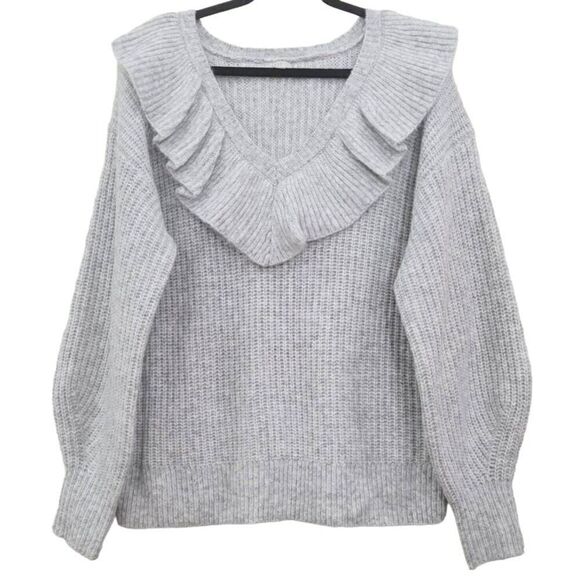 A New Day Grey Ivory V-Neck Ruffle Pullover Drop Shoulder Sweater Women Size XL - Picture 7 of 10